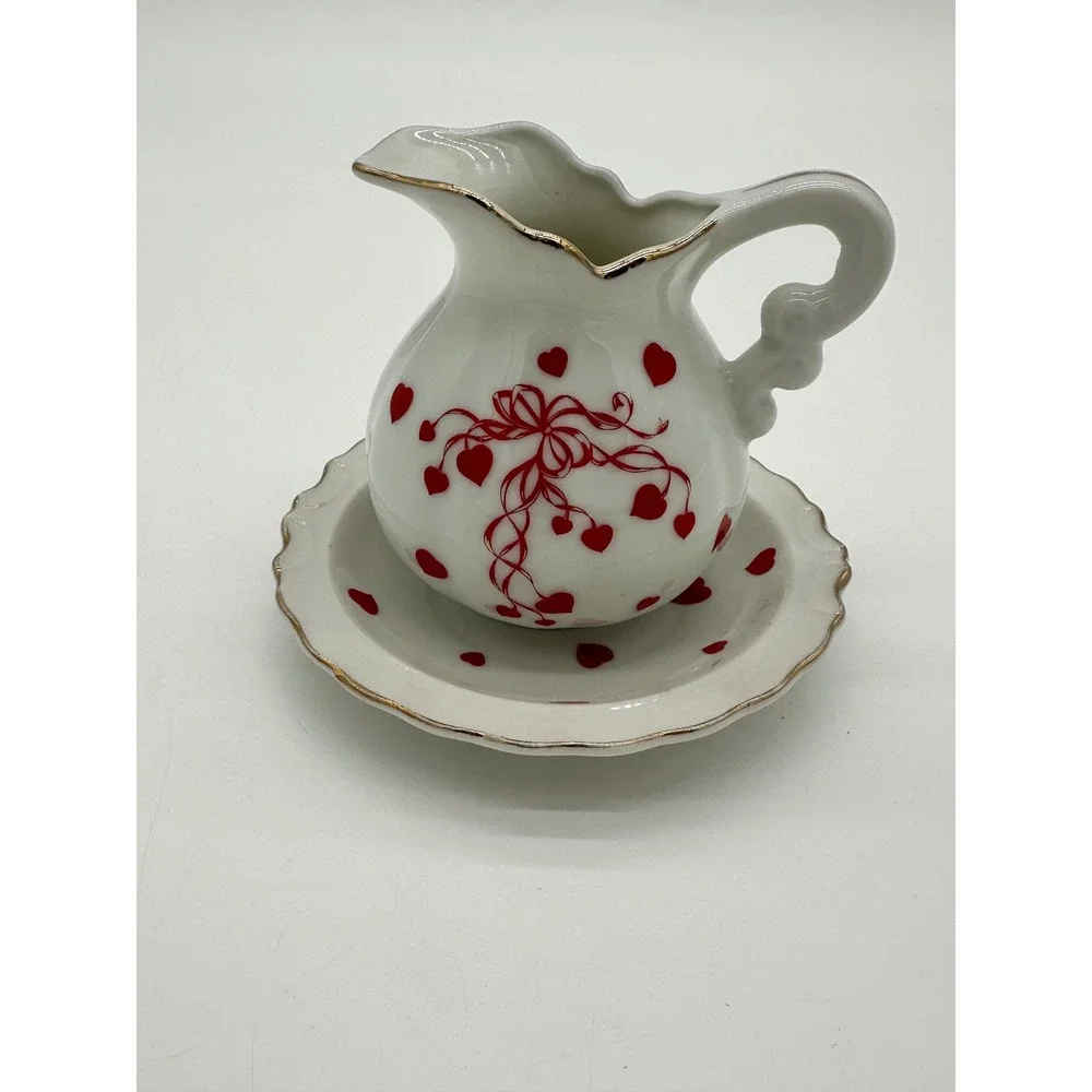 Lefton Pitcher‎ and Saucer Set Vintage Hearts Bow Hand Painted White Red Small